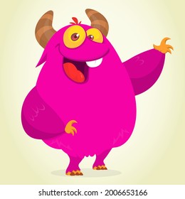 Funny cartoon smiling furry monster character. Illustration of cute and happy mythical alien creature. Halloween design. Great for party decoration, poster or package design
