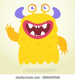 Funny cartoon smiling furry monster character. Illustration of cute and happy mythical alien creature. Halloween design. Great for party decoration, poster or package design