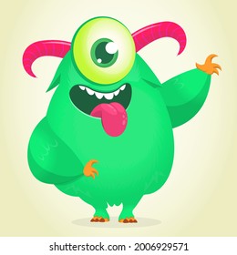 Funny cartoon smiling furry monster character. Illustration of cute and happy mythical alien creature. Halloween design. Great for party decoration, poster or package design