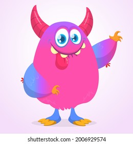 Funny cartoon smiling furry monster character. Illustration of cute and happy mythical alien creature. Halloween design. Great for party decoration, poster or package design