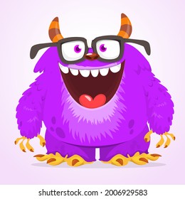 Funny cartoon smiling furry monster character. Illustration of cute and happy mythical alien creature. Halloween design. Great for party decoration, poster or package design