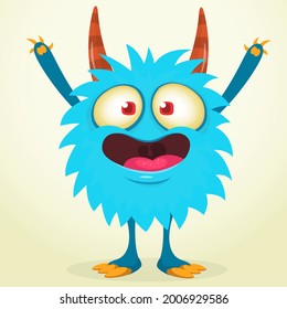 Funny cartoon smiling furry monster character. Illustration of cute and happy mythical alien creature. Halloween design. Great for party decoration, poster or package design