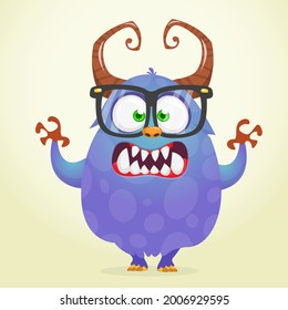 Funny cartoon smiling furry monster character. Illustration of cute and happy mythical alien creature. Halloween design. Great for party decoration, poster or package design
