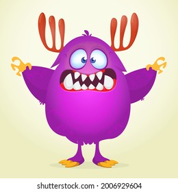 Funny cartoon smiling furry monster character. Illustration of cute and happy mythical alien creature. Halloween design. Great for party decoration, poster or package design