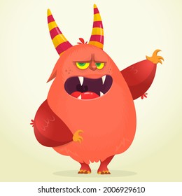 Funny cartoon smiling furry monster character. Illustration of cute and happy mythical alien creature. Halloween design. Great for party decoration, poster or package design