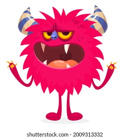 Funny cartoon smiling furry monster character. Illustration of cute and happy mythical alien creature. Halloween design. Great for party decoration, poster or package design