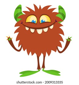 Funny cartoon smiling furry monster character. Illustration of cute and happy mythical alien creature. Halloween design. Great for party decoration, poster or package design