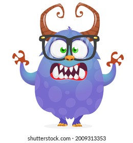 Funny cartoon smiling furry monster character. Illustration of cute and happy mythical alien creature. Halloween design. Great for party decoration, poster or package design