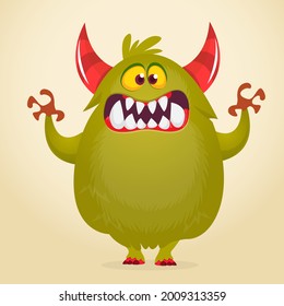 Funny cartoon smiling furry monster character. Illustration of cute and happy mythical alien creature. Halloween design. Great for party decoration, poster or package design