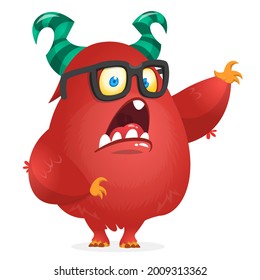 Funny cartoon smiling furry monster character. Illustration of cute and happy mythical alien creature. Halloween design. Great for party decoration, poster or package design