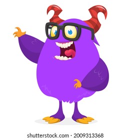 Funny cartoon smiling furry monster character. Illustration of cute and happy mythical alien wearing eyeglasses. Halloween design.