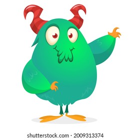 Funny cartoon smiling furry monster character. Illustration of cute and happy mythical alien creature. Halloween design. Great for party decoration, poster or package design