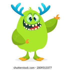 Funny cartoon smiling furry monster character. Illustration of cute and happy mythical alien creature. Halloween design. Great for party decoration, poster or package design