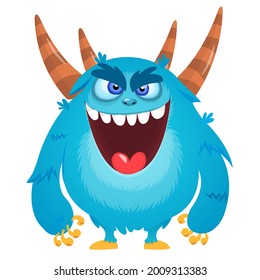 Funny cartoon smiling furry monster character. Illustration of cute and happy mythical alien creature. Halloween design. Great for party decoration, poster or package design