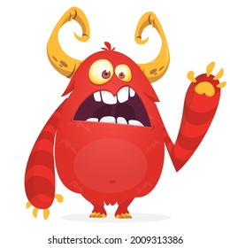 Funny cartoon smiling furry monster character. Illustration of cute and happy mythical alien creature. Halloween design. Great for party decoration, poster or package design