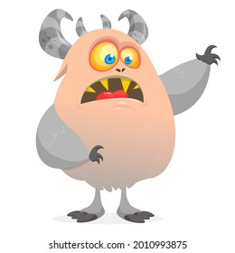 Funny cartoon smiling furry monster character. Illustration of cute and happy mythical alien creature. Halloween design. Great for party decoration, poster or package design
