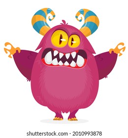 Funny cartoon smiling furry monster character. Illustration of cute and happy mythical alien creature. Halloween design. Great for party decoration, poster or package design