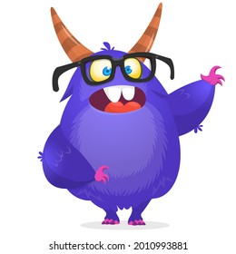 Funny cartoon smiling furry monster character. Illustration of cute and happy mythical alien creature. Halloween design. Great for party decoration, poster or package design