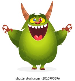 Funny cartoon smiling furry monster character. Illustration of cute and happy mythical alien creature. Halloween design. Great for party decoration, poster or package design
