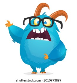 Funny cartoon smiling furry monster character. Illustration of cute and happy mythical alien wearing eyeglasses. Halloween design.