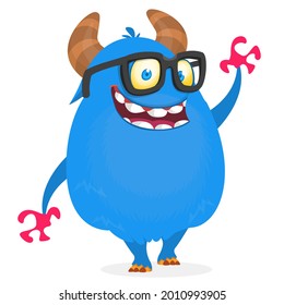 Funny cartoon smiling furry monster character. Illustration of cute and happy mythical alien creature. Halloween design. Great for party decoration, poster or package design