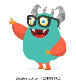 Funny cartoon smiling furry monster character. Illustration of cute and happy mythical alien wearing eyeglasses. Halloween design.