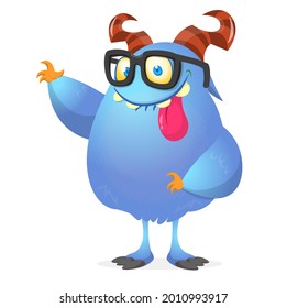 Funny cartoon smiling furry monster character. Illustration of cute and happy mythical alien wearing eyeglasses. Halloween design.