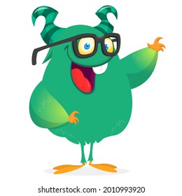 Funny cartoon smiling furry monster character. Illustration of cute and happy mythical alien wearing eyeglasses. Halloween design.