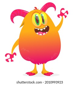 Funny cartoon smiling furry monster character. Illustration of cute and happy mythical alien creature. Halloween design. Great for party decoration, poster or package design
