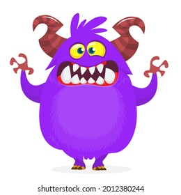 Funny cartoon smiling furry monster character. Illustration of cute and happy mythical alien creature. Halloween design. Great for party decoration, poster or package design