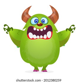 Funny cartoon smiling furry monster character. Illustration of cute and happy mythical alien creature. Halloween design. Great for party decoration, poster or package design
