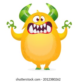 Funny cartoon smiling furry monster character. Illustration of cute and happy mythical alien creature. Halloween design. Great for party decoration, poster or package design