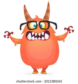 Funny cartoon smiling furry monster character. Illustration of cute and happy mythical alien creature. Halloween design. Great for party decoration, poster or package design