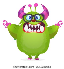 Funny cartoon smiling furry monster character. Illustration of cute and happy mythical alien creature. Halloween design. Great for party decoration, poster or package design