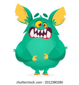 Funny cartoon smiling furry monster character. Illustration of cute and happy mythical alien creature. Halloween design. Great for party decoration, poster or package design