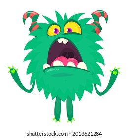 Funny cartoon smiling furry monster character. Illustration of cute and happy mythical alien creature. Halloween design. Great for party decoration, poster or package design