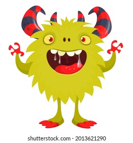 Funny cartoon smiling furry monster character. Illustration of cute and happy mythical alien creature. Halloween design. Great for party decoration, poster or package design