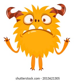 Funny cartoon smiling furry monster character. Illustration of cute and happy mythical alien creature. Halloween design. Great for party decoration, poster or package design