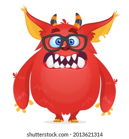 Funny cartoon smiling furry monster character. Illustration of cute and happy mythical alien creature. Halloween design. Great for party decoration, poster or package design