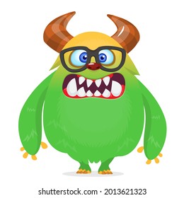 Funny cartoon smiling furry monster character. Illustration of cute and happy mythical alien creature. Halloween design. Great for party decoration, poster or package design