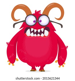 Funny cartoon smiling furry monster character. Illustration of cute and happy mythical alien creature. Halloween design. Great for party decoration, poster or package design