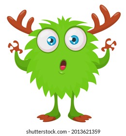 Funny cartoon smiling furry monster character. Illustration of cute and happy mythical alien creature. Halloween design. Great for party decoration, poster or package design