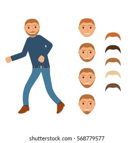 Funny cartoon smiling  man dancing listening character the flat style.Happy young man with beard.Portrait of cheerful business man over white background.