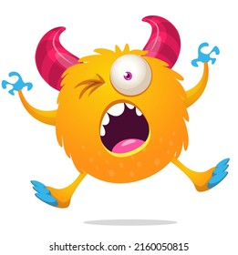Funny cartoon smiling monster blink eye. Halloween Illustration of happy alien dancing. Package or logo design. Vector isolated