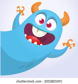 Funny cartoon smiling monster character pop up and waving hands. Illustration of happy mythical alien creature. Halloween party design. Vector isolated