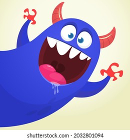 Funny cartoon smiling monster character pop up and waving hands. Illustration of happy mythical alien creature. Halloween party design. Vector isolated