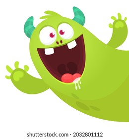 Funny cartoon smiling monster character pop up and waving hands. Illustration of happy mythical alien creature. Halloween party design. Vector isolated