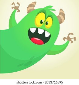 Funny cartoon smiling monster character pop up and waving hands. Illustration of happy mythical alien creature. Halloween party design. Vector isolated