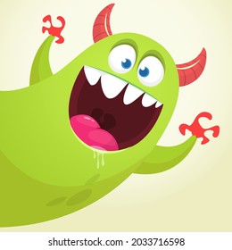 Funny cartoon smiling monster character pop up and waving hands. Illustration of happy mythical alien creature. Halloween party design. Vector isolated