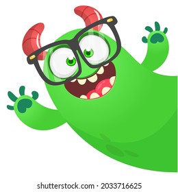 Funny cartoon smiling monster character pop up and waving hands. Illustration of happy mythical alien creature. Halloween party design. Vector isolated